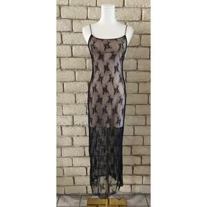 No Comment Sheer Black Lace Midi Slip Dress - Formal Prom Evening Dress Size S